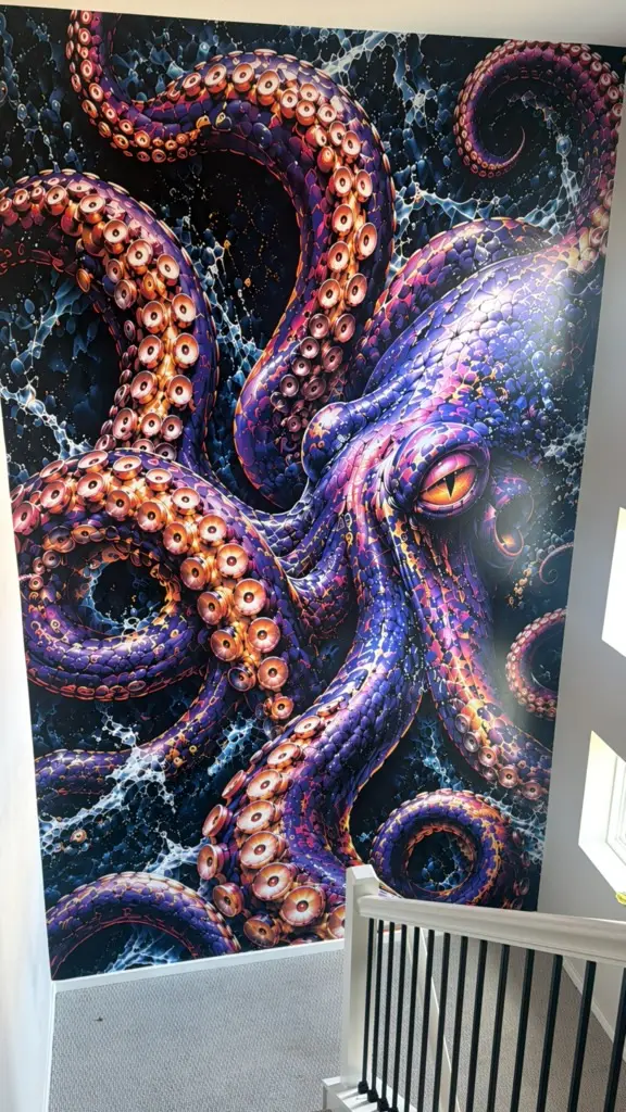 Octopus wall mural wrapping a home stairwell