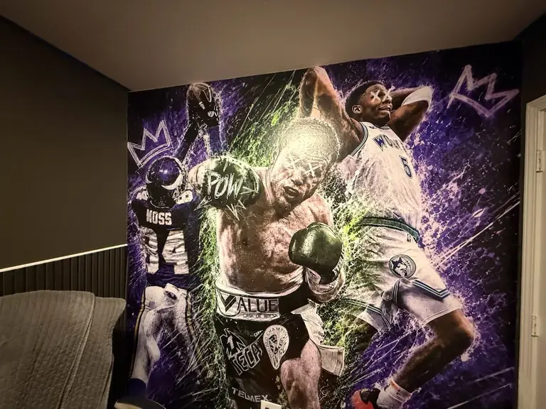 Sports-themed wall mural in a bedroom