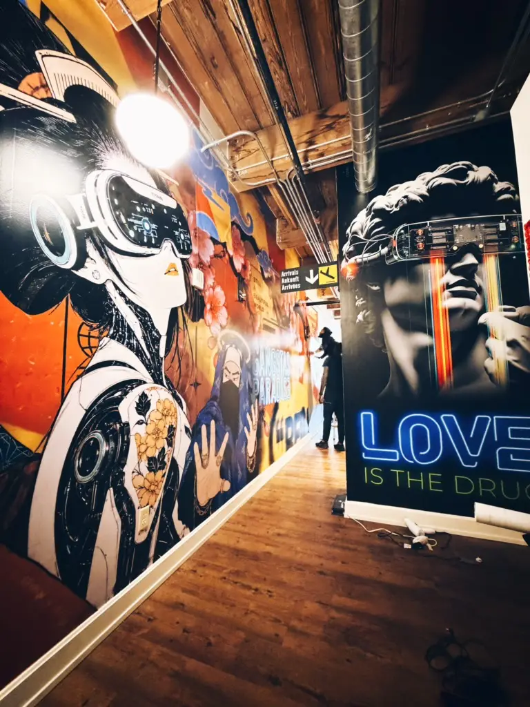 Cyberpunk anime wall wrap along a bar hallway
